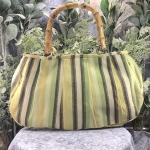 Striped Cotton Summer Handbag with Bamboo Handles. (Green Yellow Tan Brown) ☀️